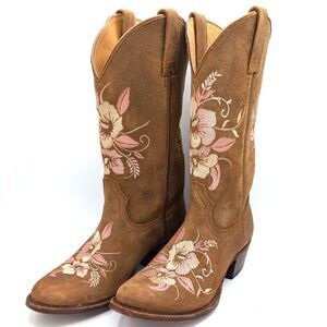 Women's Shyanne Savannah Pink Floral Western Boot Brown Suede Women Size 7.5M